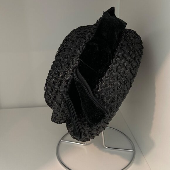 Vintage Piko Montreal New York Black Woven Straw Hat With Velvet Bow Accent Wome - Picture 5 of 14